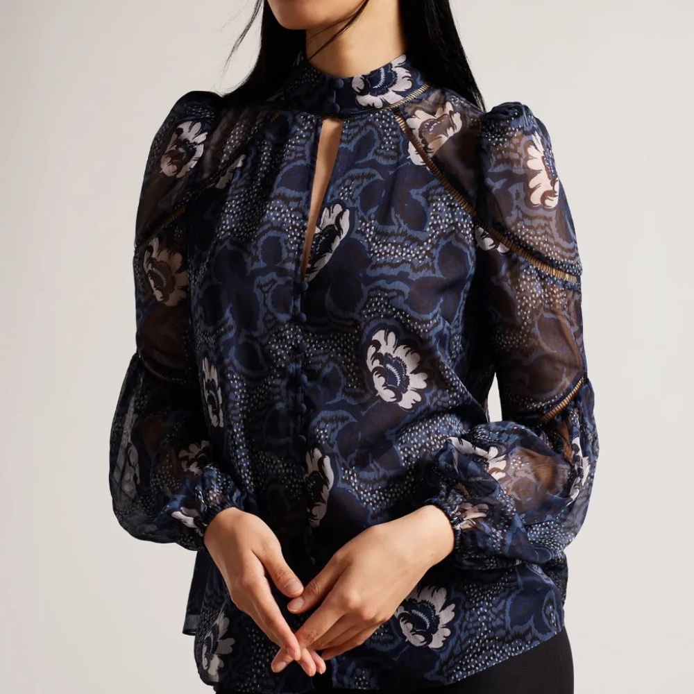 Ted Baker Bernot Printed Ladder Trim Blouse Sz 4